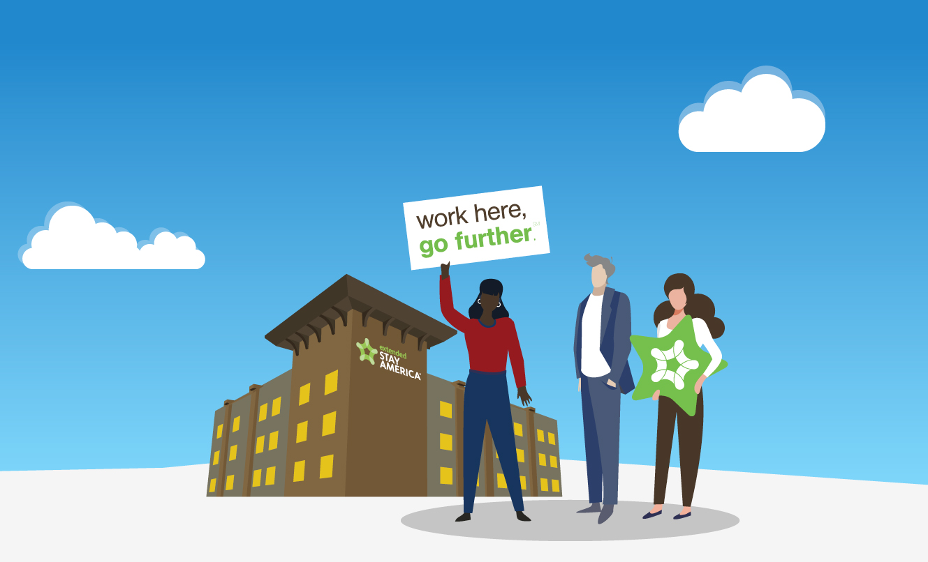 work here go further illustration with people and extened stay america hotel