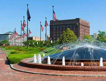 Fountain and buildings in Omaha, NE